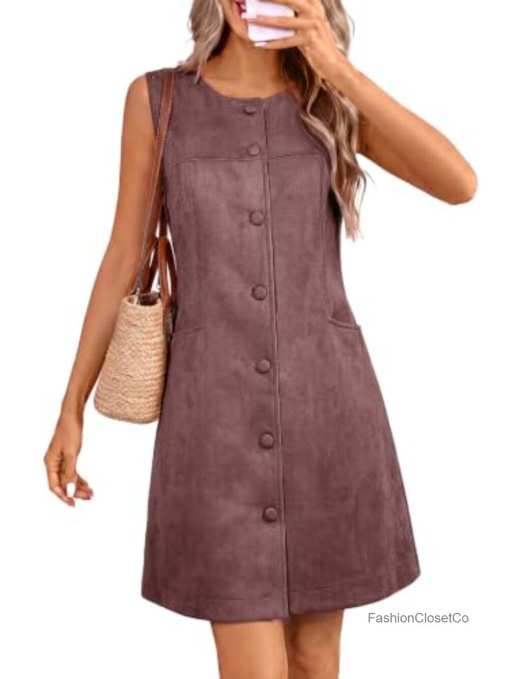 Faux Suede Pinafore Dress Sleeveless Button Front Mini with Pockets
